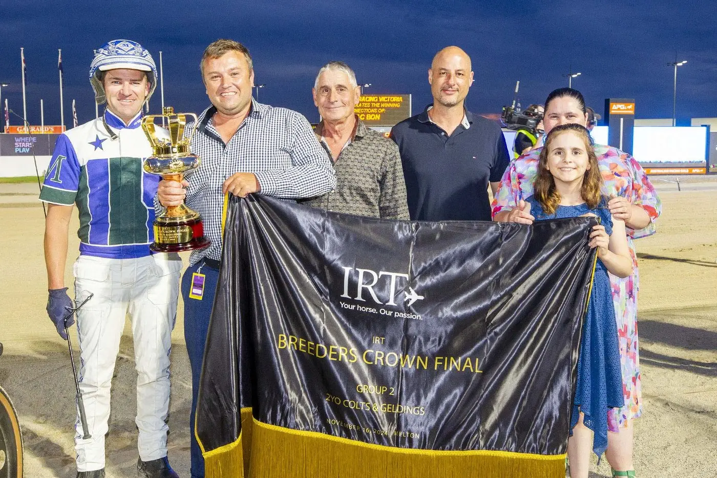 Jason Gaffney and Mark Hartwig celebrating Mac Bon\\'s win in the IRT Breeders Crown for 2YO Colts and Geldings at Melton, Victoria. PHOTO: Harness Racing Victoria