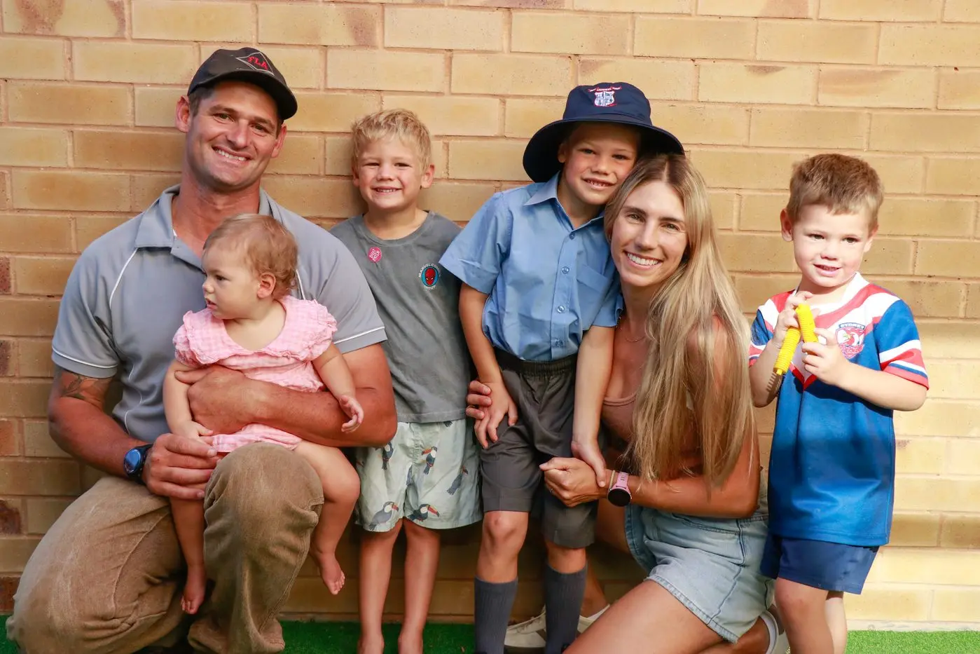 Jake and Joelene Grace with Indi, Beau, kinder student Noah and Lane.