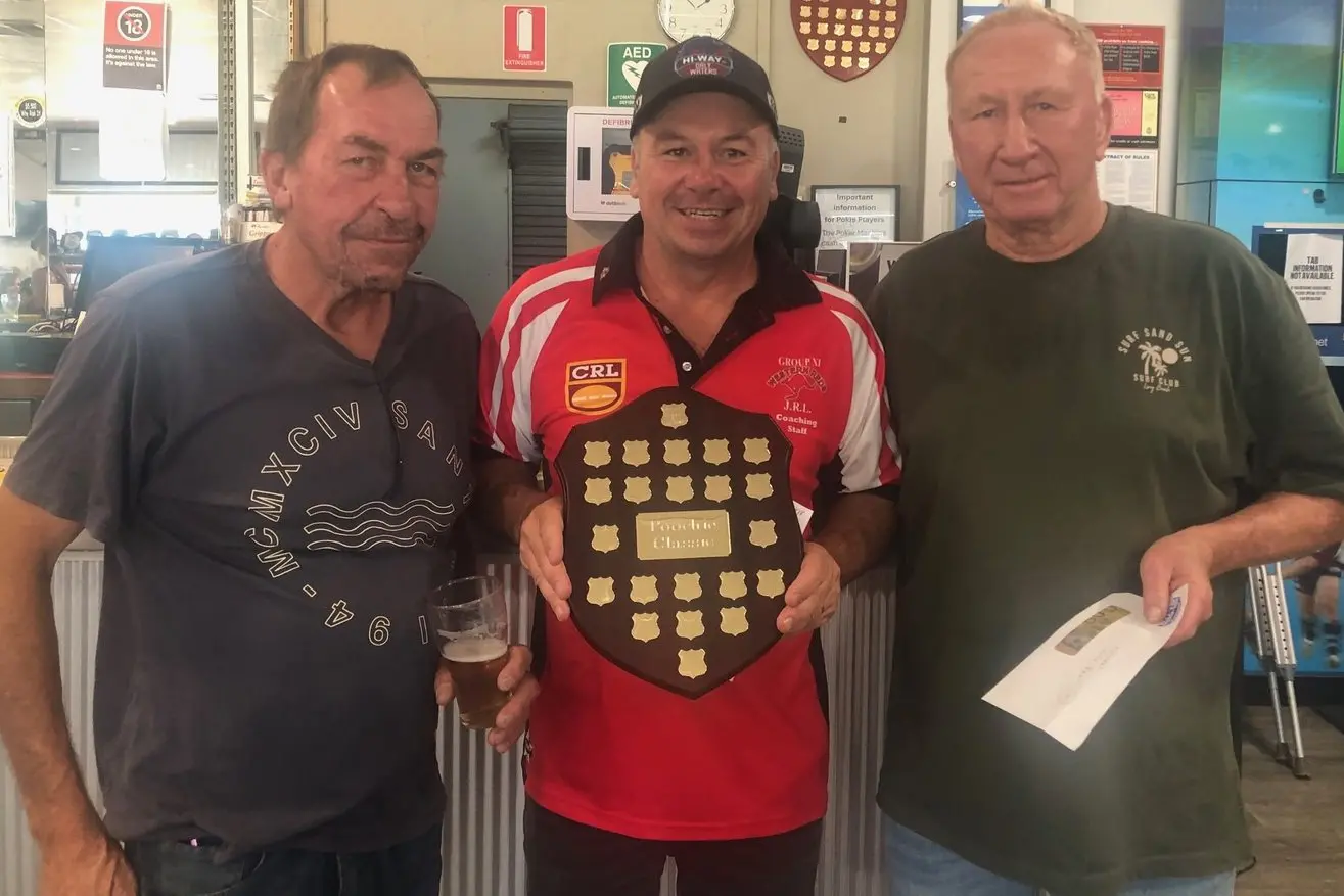 Terry Murphy, Pooch Dukes, Bert Bayley enjoyed Boxing Day bowls. PHOTO: Supplied