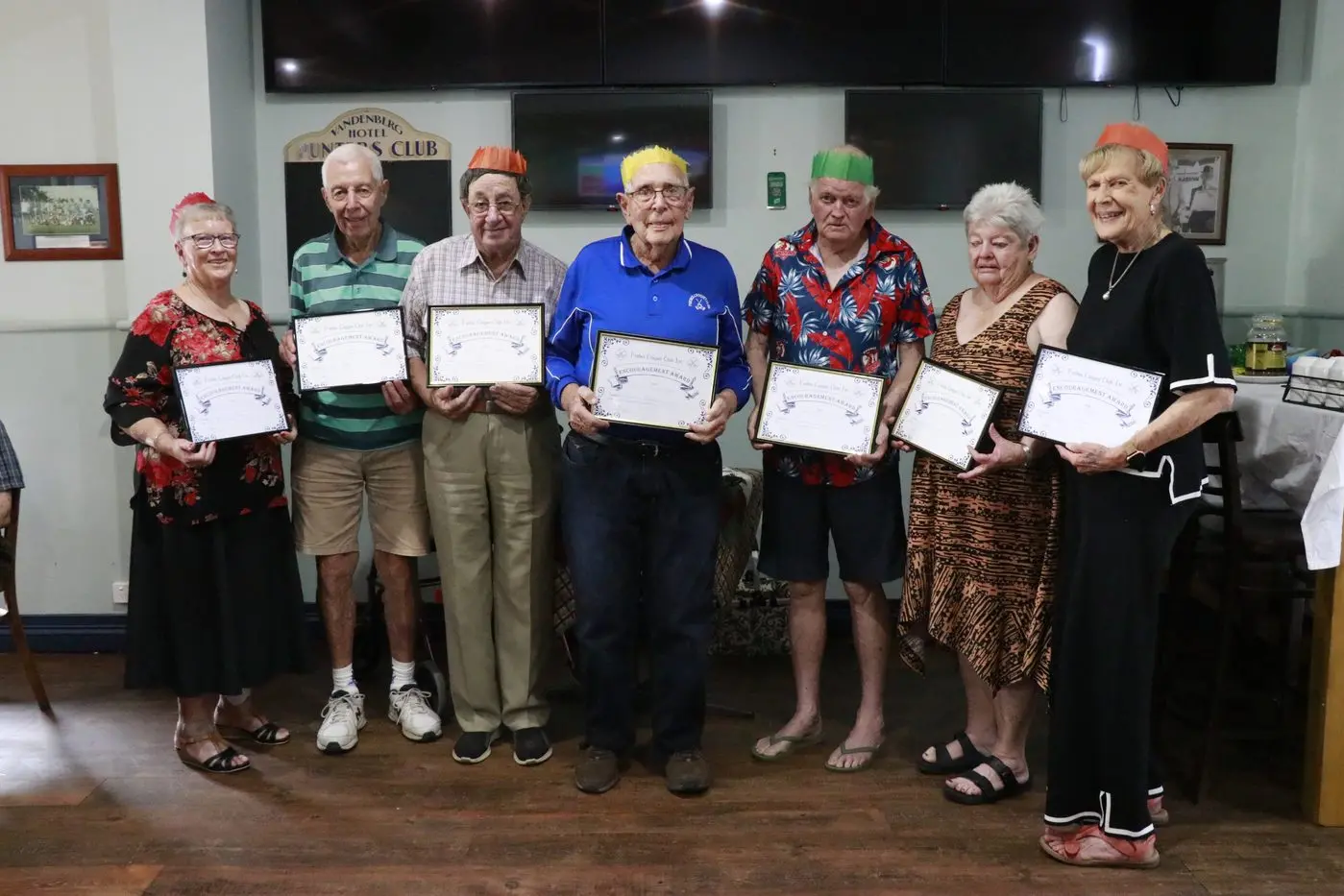 Encouragement award recipients Russell Anderson, Frank Donohue, May Whiley-Jones, Rex Toole, Bill Scott, Lyn Simmonds and Evelyn Mahlo (absent Geoff Coles).