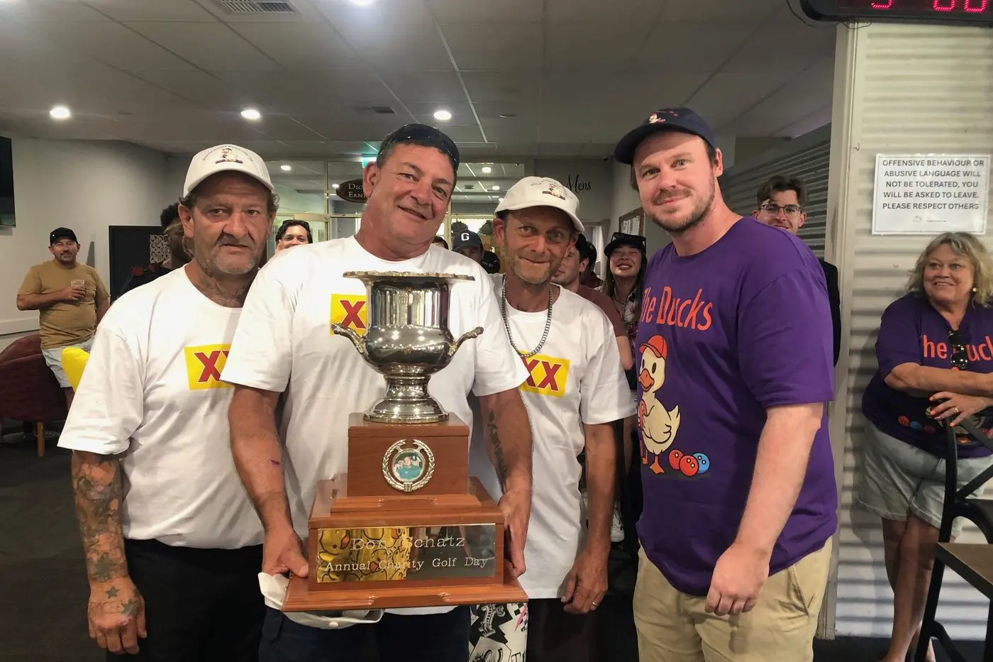 Donny Schatz memorial bowls day winners Phil Hocking, Dale Scott and Jason Howell congratulated by Ryan Schatz. PHOTOS: Supplied