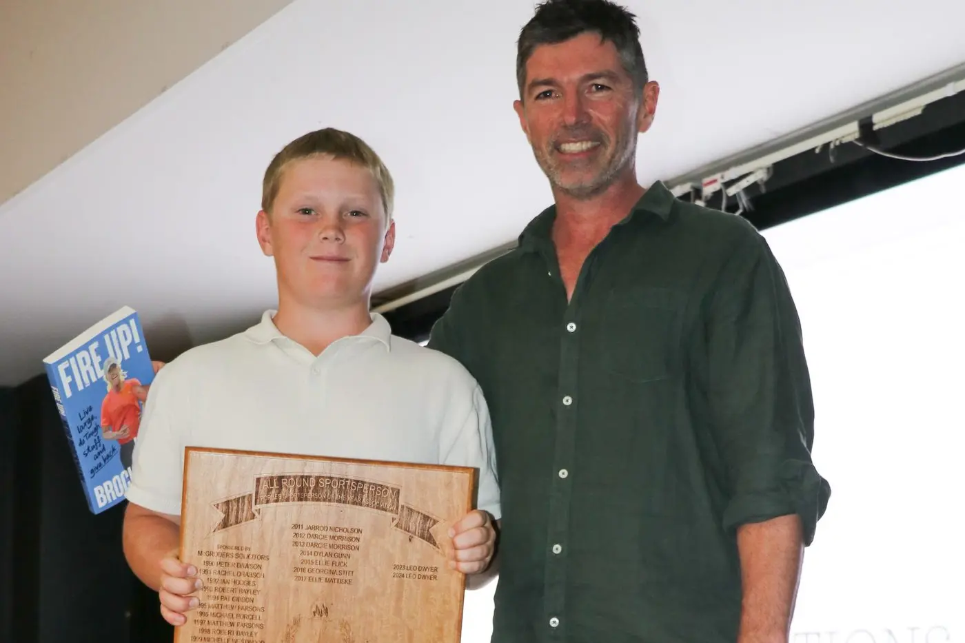 Our SOYA 2024 All Rounder Leo Dwyer congratulated by Nick Field. 