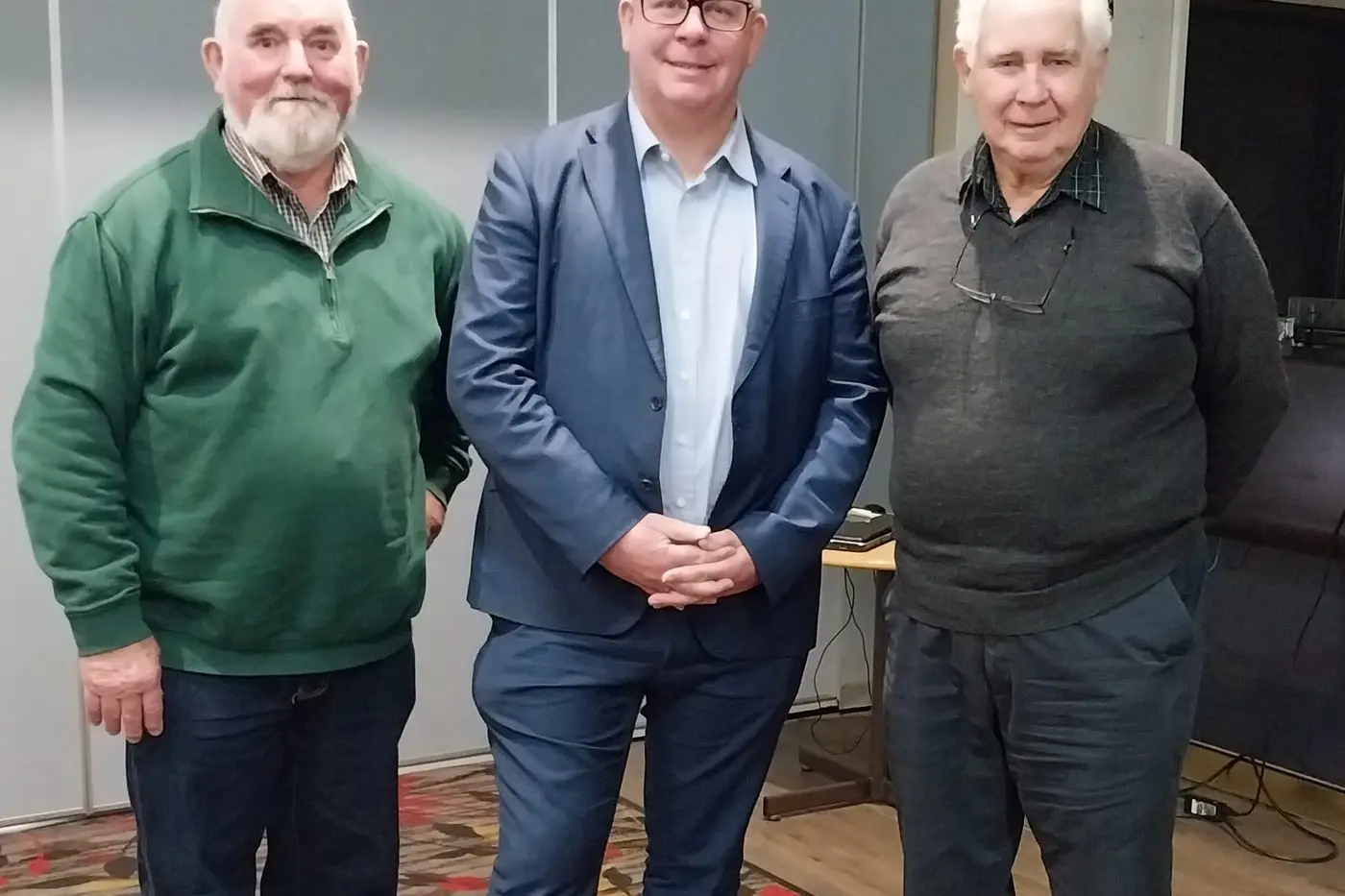 Noel Jolliffe, Alistair Lynn, and David Williams from the Forbes Men\\'s Probus meeting in May.\\n