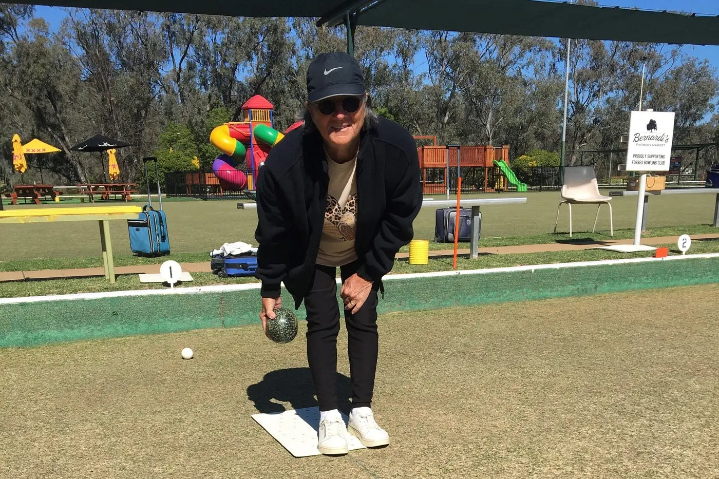 A smiling Cherie Vincent on the mat and ready to bowl. PHOTO: Supplied