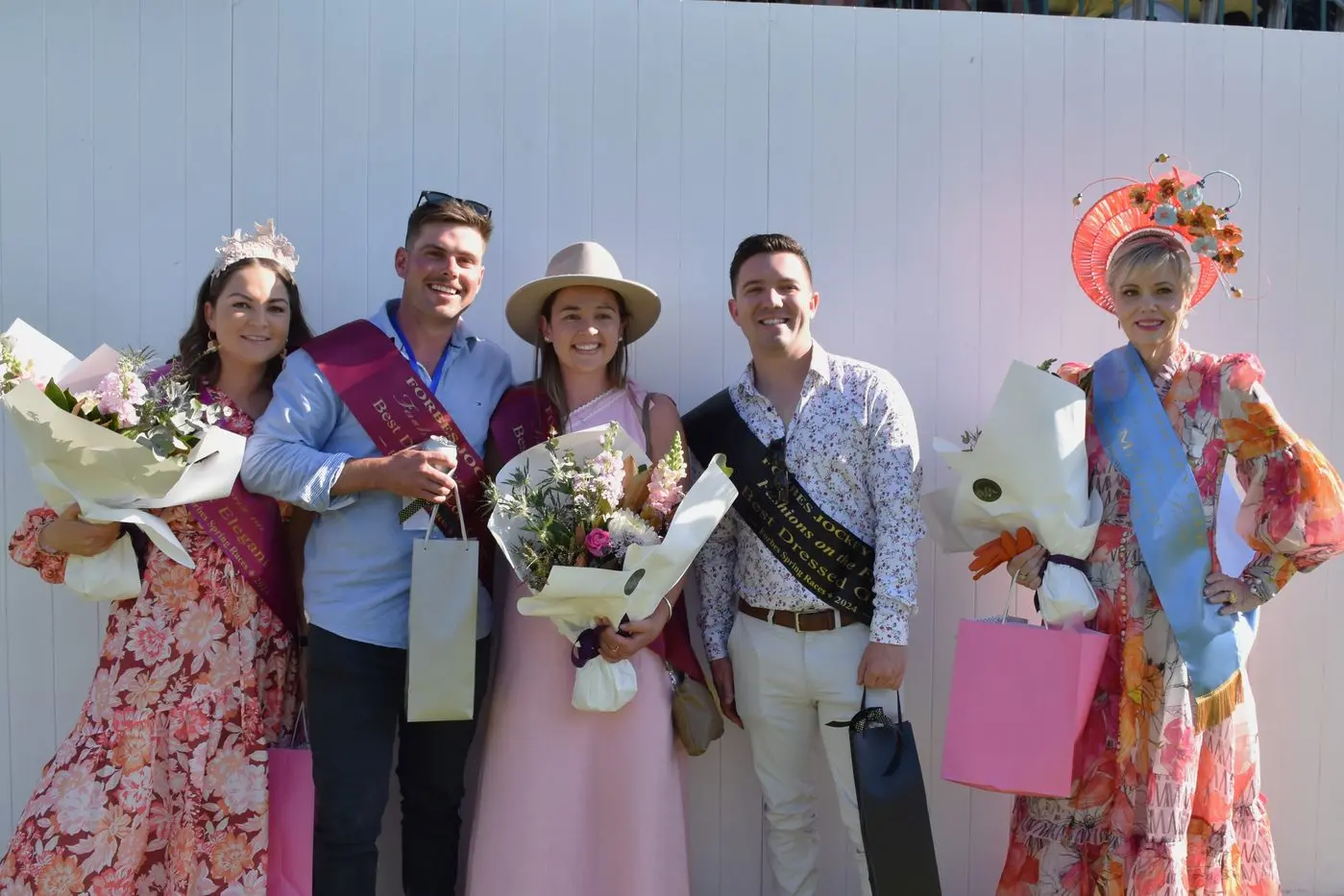 Fashions on the Field winners Most Elegant Lady Kristy Moore, Best Millinery Jackie Murray, Best Dressed Local Couple Jessie Rix and Sam Tildsley, Best Dressed Gent Harrison Terry and Best Millinery Jackie Murray.