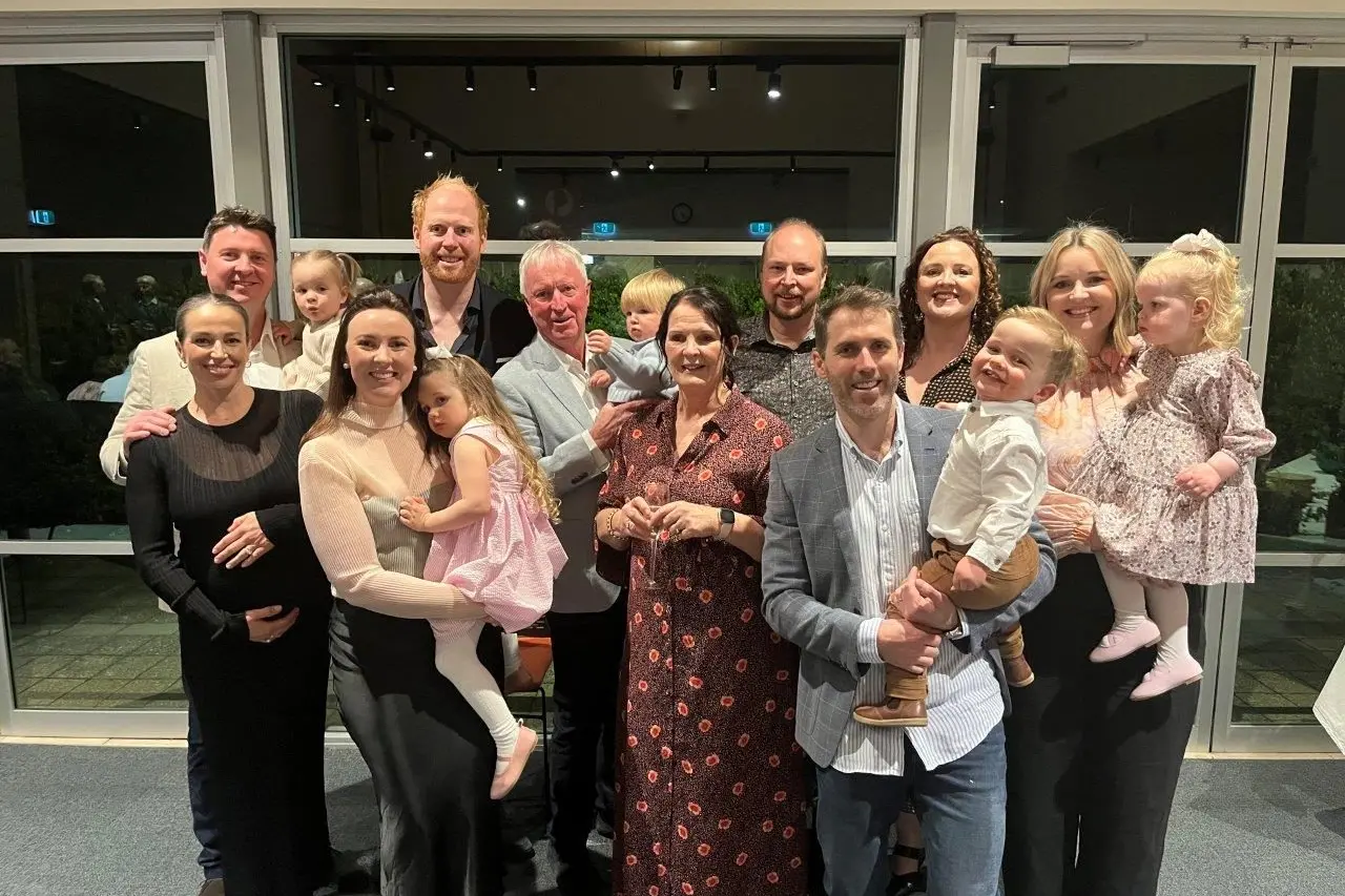 GC McCabe has ceased operations in Parkes after almost six decades. Principal Tim McCabe and his wife Lee are pictured with their family at the special farewell held at the Coventry Room to pay tribute to the amazing legacy the business has left in Parkes. From left, Arianne, Adam and Zoe McCabe, Annabel Cotchet with Coco, Chris Hartman, Tim McCabe with James Ketchington, Lee McCabe, Pete Ketchington, Kerin Cotchet with Kingston, Kate Ketchington, and Margot Hartman with Bronte. Photo supplied