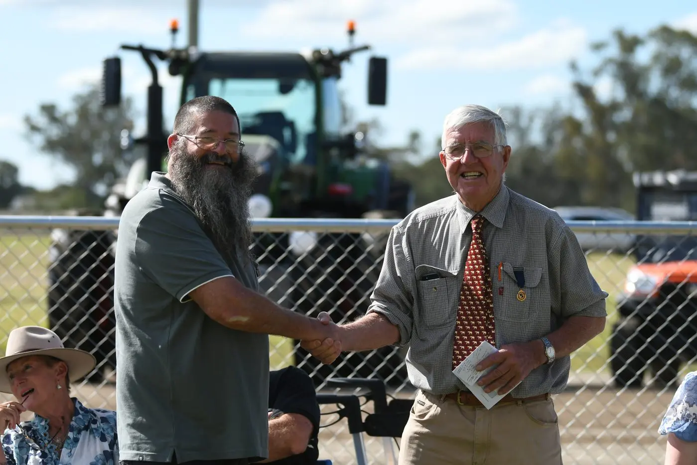 Show president Pip Perry (right) congratulates life member Andrew Little.