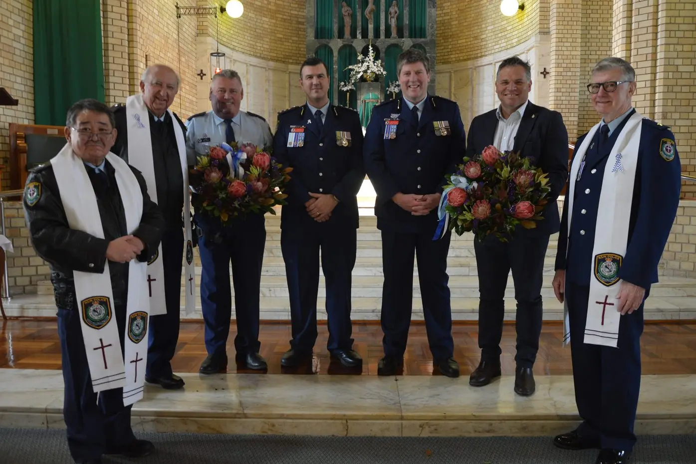 On National Police Remembrance Day, Father Paul Kumasaka (Lake Cargelligo), Father Gary Neville (Orange), Parkes Acting Inspector Ged Ryan, Acting Superintendent Marc Beckinsale, Chief Inspector Dave Maher of Orange, Member for Orange Phil Donato and Father Barry Dwyer OAM.