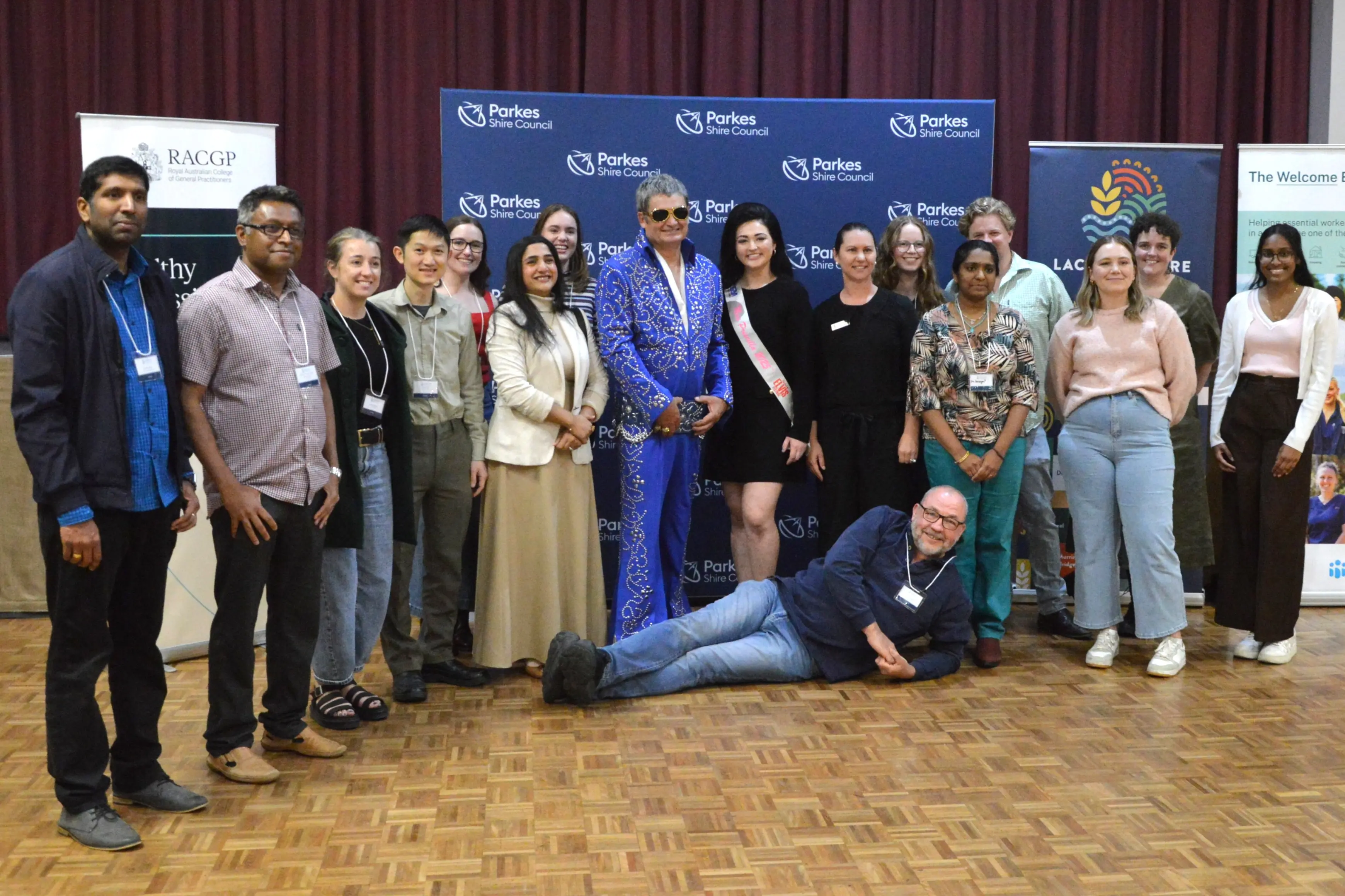 <p>Parkes and Forbes registrars, medical students and health professionals who attended the networking dinner at the Parkes Services Club. They are pictured with Elvis (Parkes Mayor Neil Westcott) and Priscilla (Gracey Jones).</p>\\n