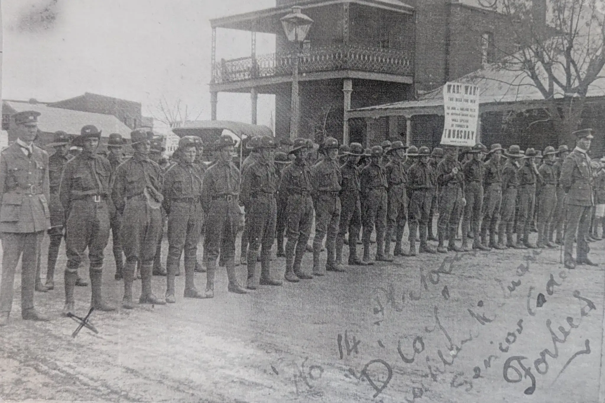 <p>This 1915 photograph of No. 14 Platoon, D Company Senior Cadets, shows Osborne Hall\\u2019s balcony. PHOTO: Forbes and District Historical Society</p>\\n