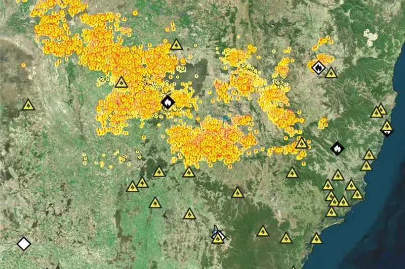 <p>The yellow on this NSW RFS image shows the number of lightning strikes over the State on 10 December.</p>\\n