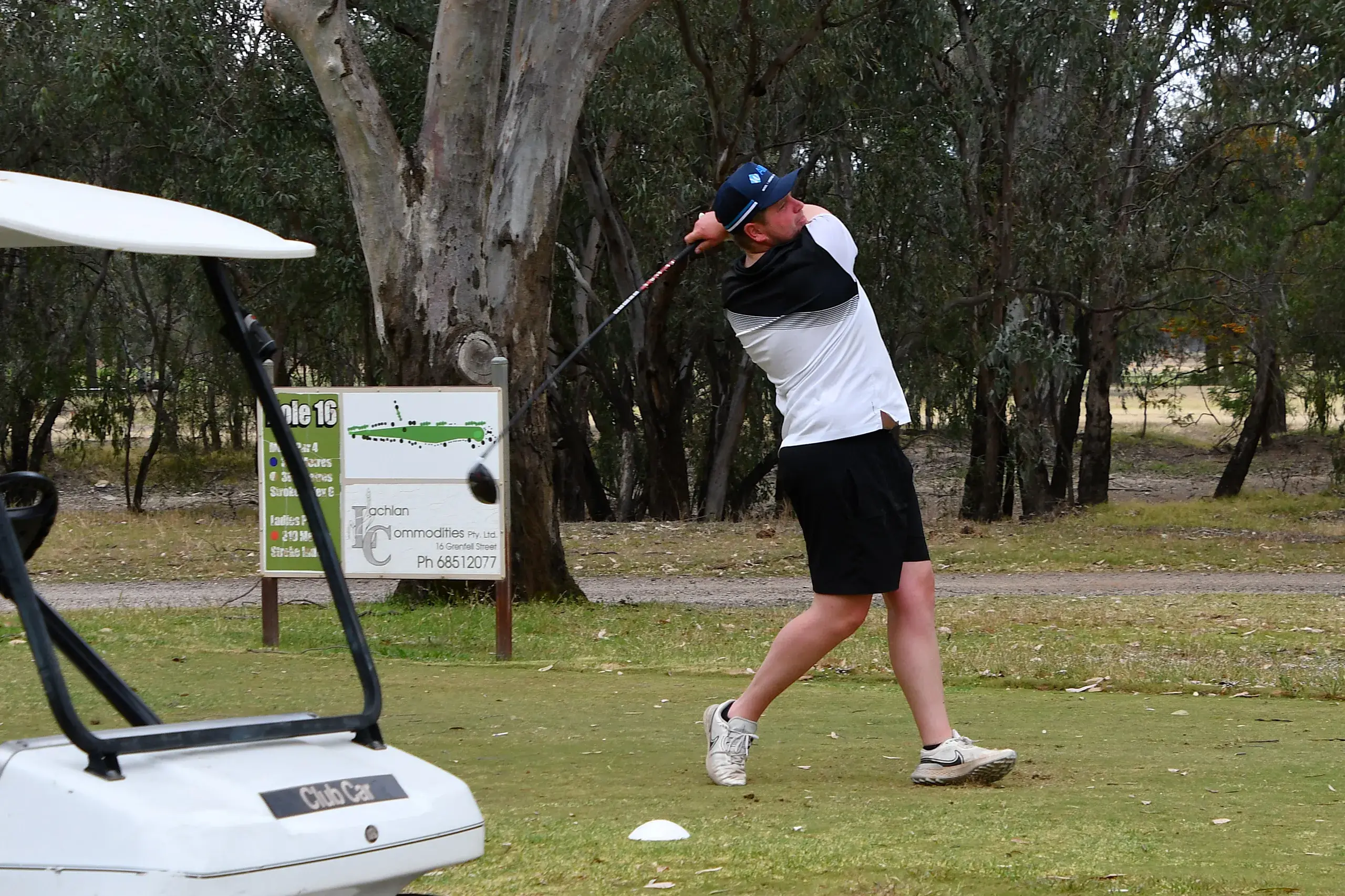 <p>Cooper Byrnes tees off on the local course. PHOTO: Jenny Kingham</p>\\n