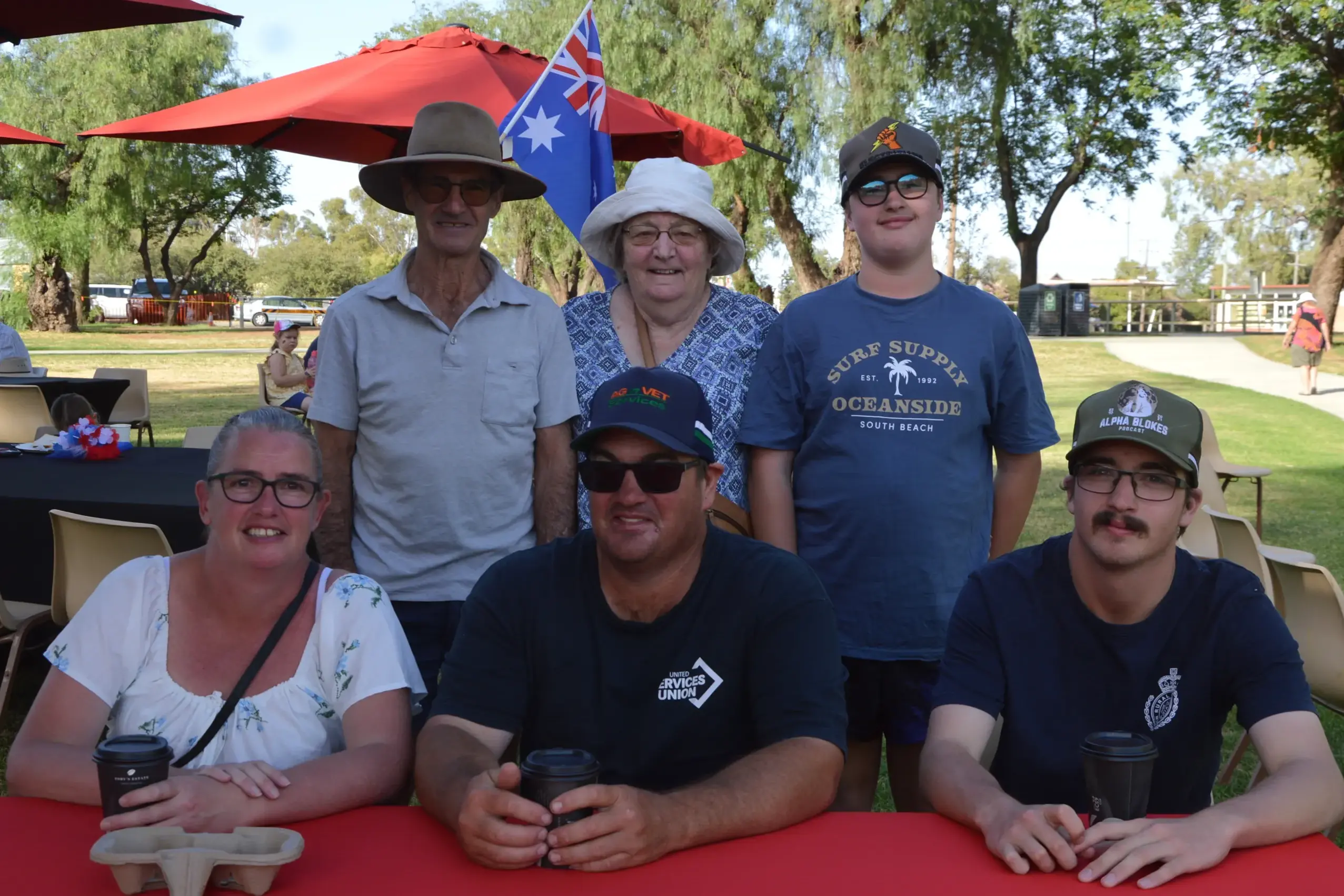 <p>Marleen, Terry, Joel, Robyn, Adam and Stewart Cuskelly started their Australia Day in Victoria Park at the Forbes Australia Day Breakfast. PHOTOS: Madeline Blackstock</p>\\n