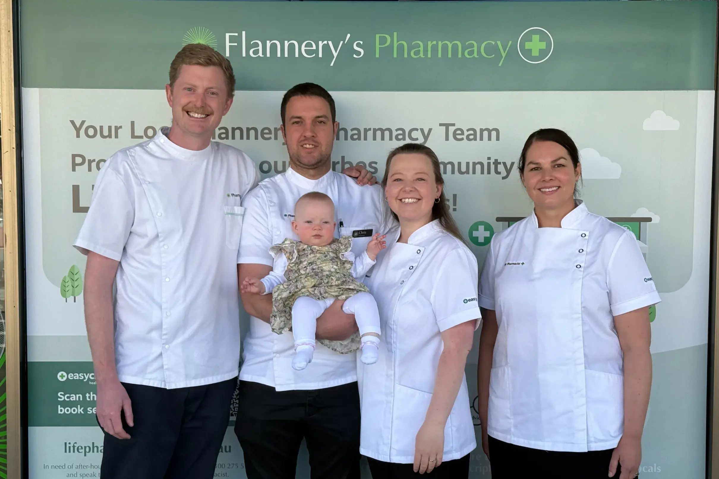 <p>Life Pharmacy Group directors and pharmacists Jack Buckley (left) and Sarah Hazell (right) with Chris and Brooke Young and their daughter Lily.</p>\\n