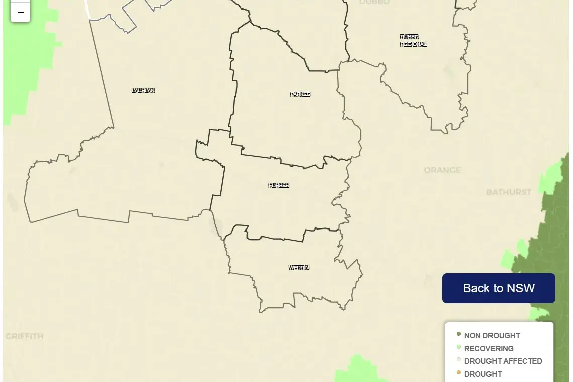 <p>The combined drought indicator shows Forbes shire as drought-affected. </p>\\n