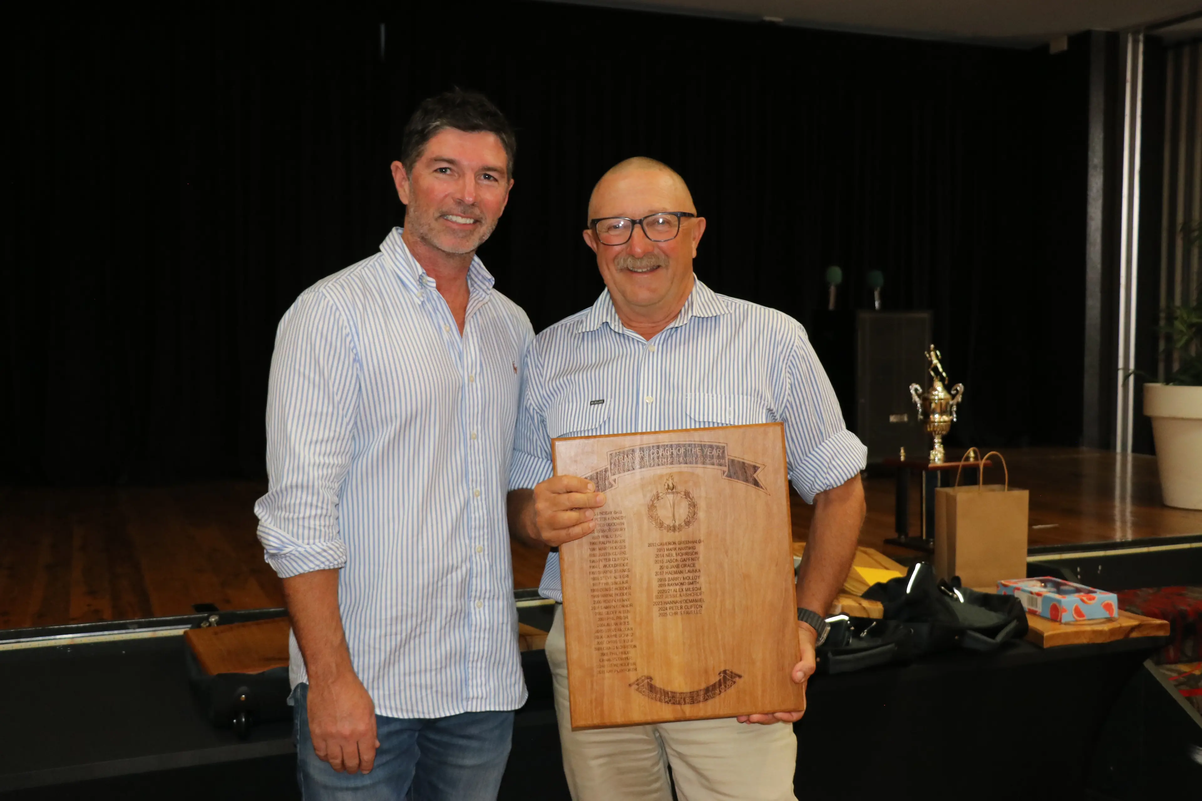<p>Nick Field congratulates coach / trainer of the year Chris Favelle. </p>\\n