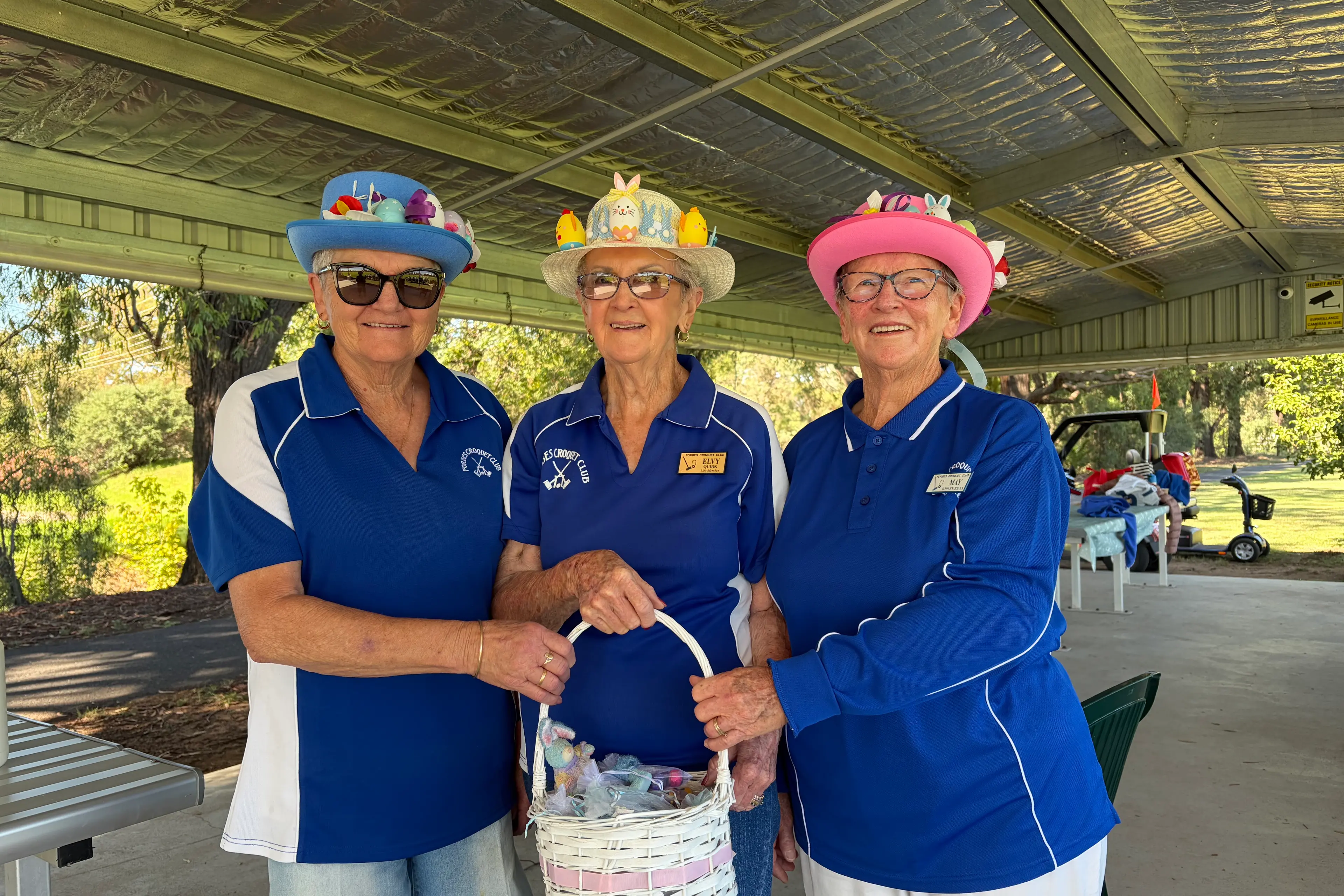 <p>In their Easter hats are Fay Picker, ELvy Quirk, May Jones (absent Irene Ford). PHOTO: Forbes Croquet Club</p>\\n