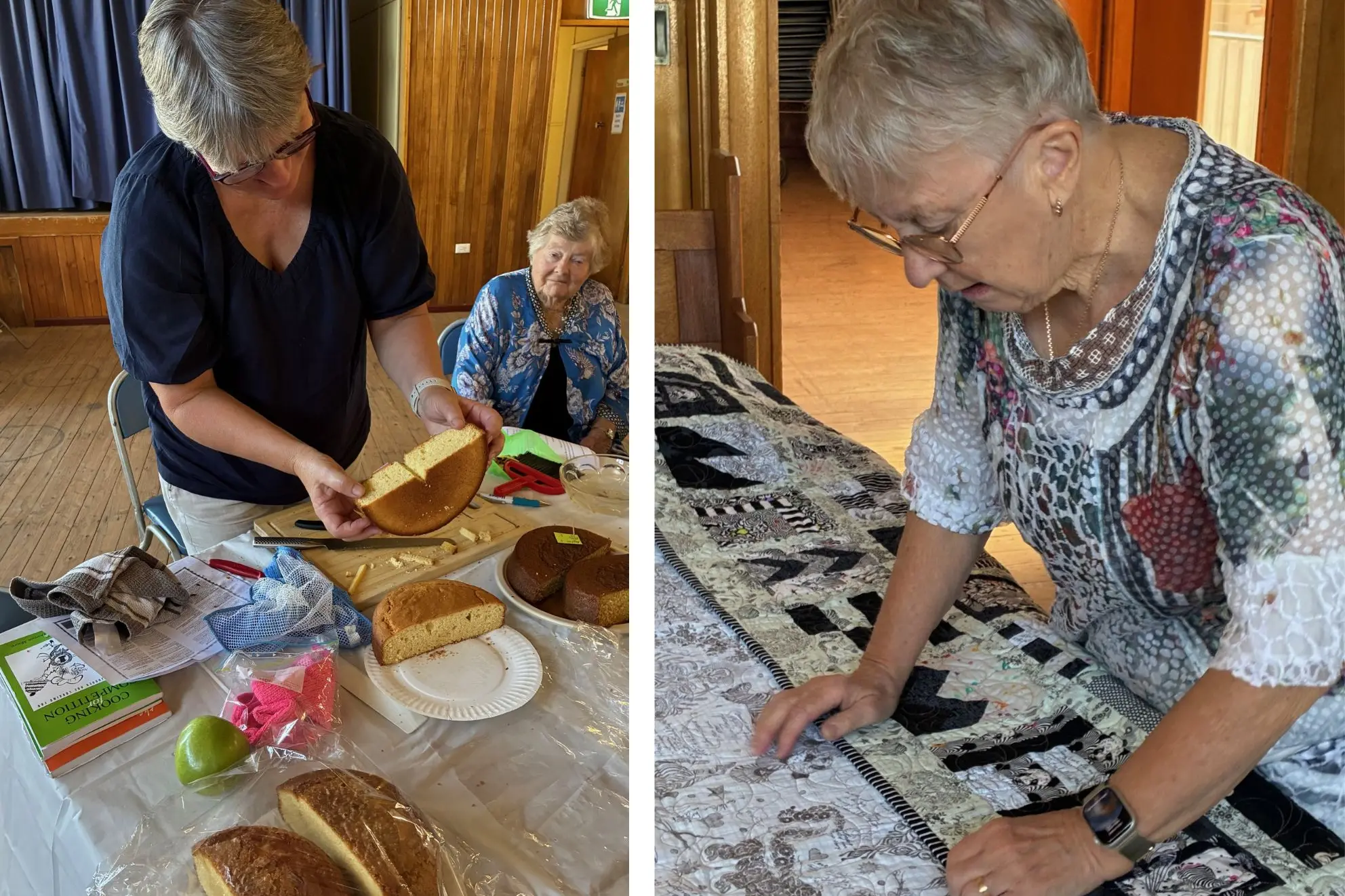 <p>Julie Westcott judging the butter cake section with Robin Pols and Ruth Shanks in action judging a quilt from the handicraft entries. </p>\\n