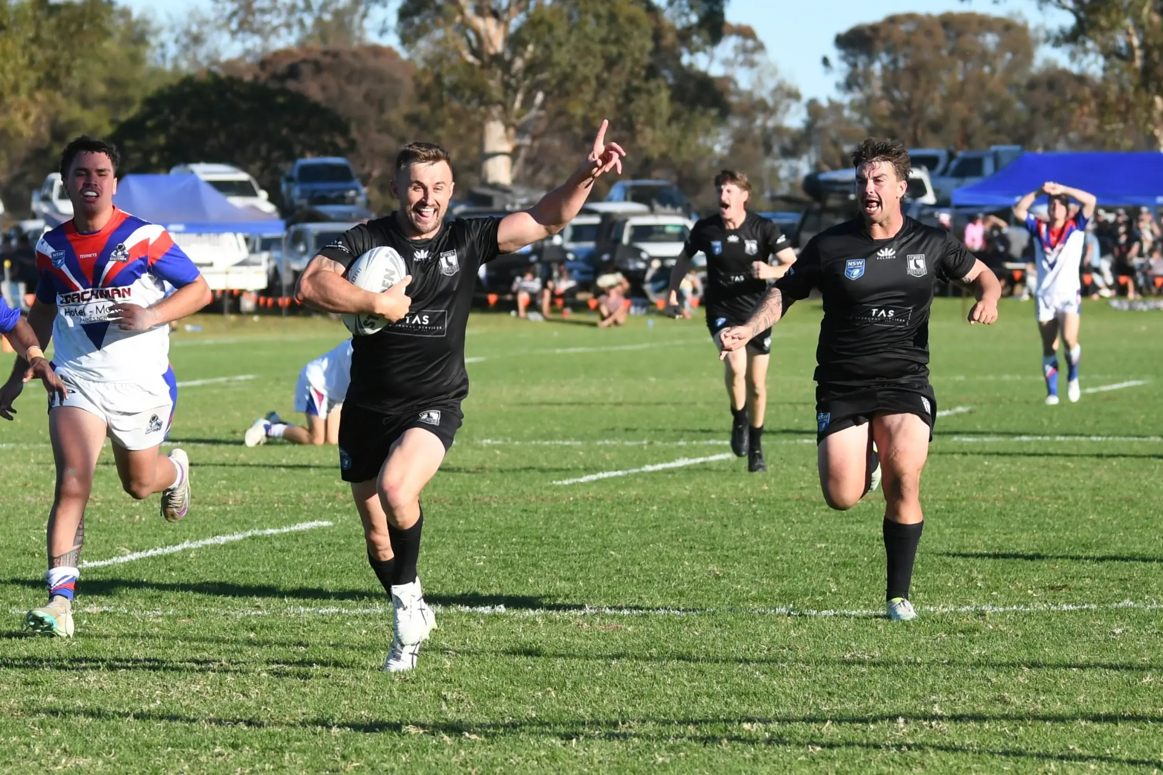 <p>Hayden Bolam cheering all the way to the try-line, cheered on by Traie Merritt and off the back of a big Jordy Hartwig run.</p>\\n