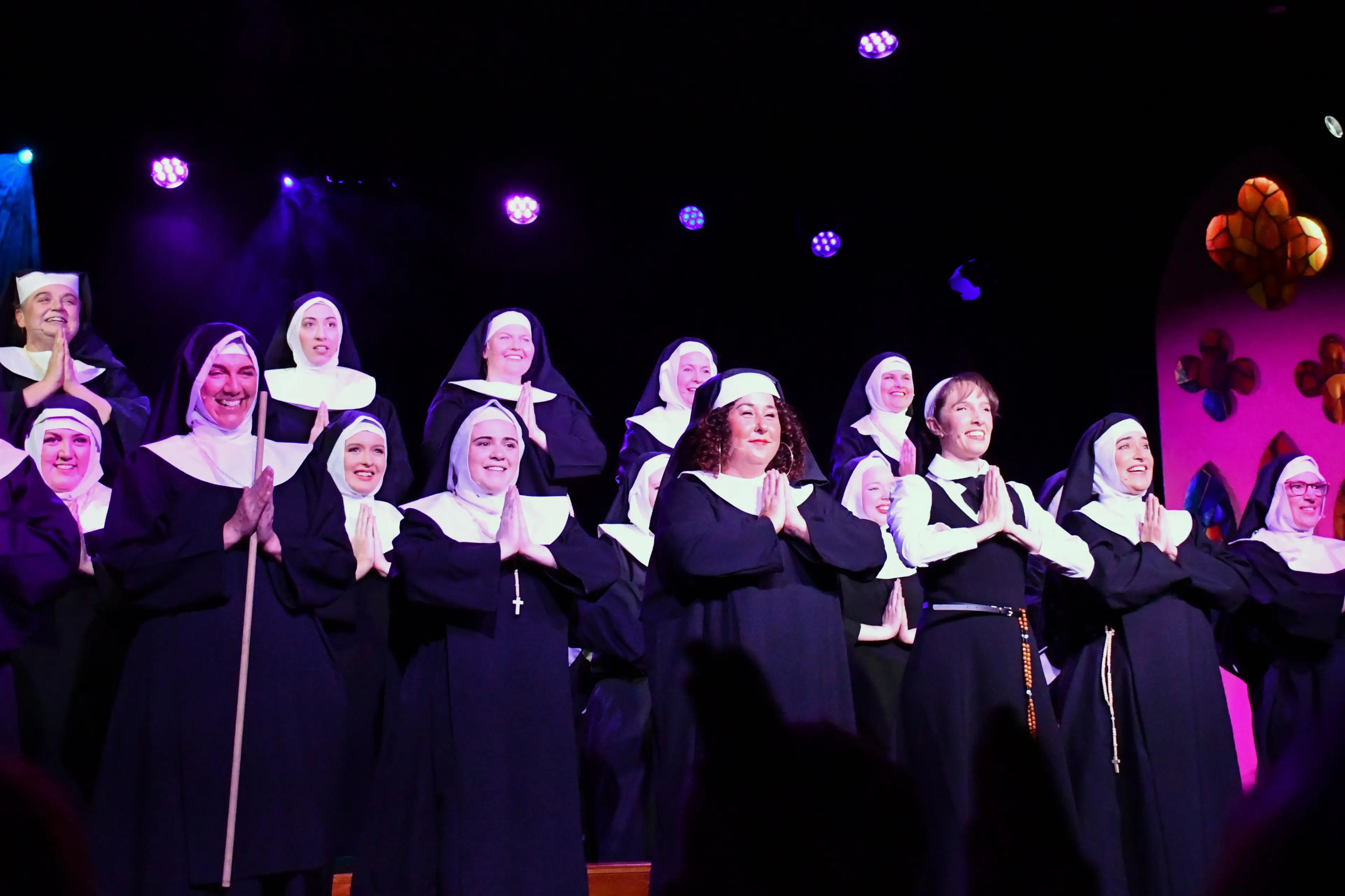<p>Cath Welsh as Delores Van Cartier amongst the talented cast of Sister Act.</p>\\n