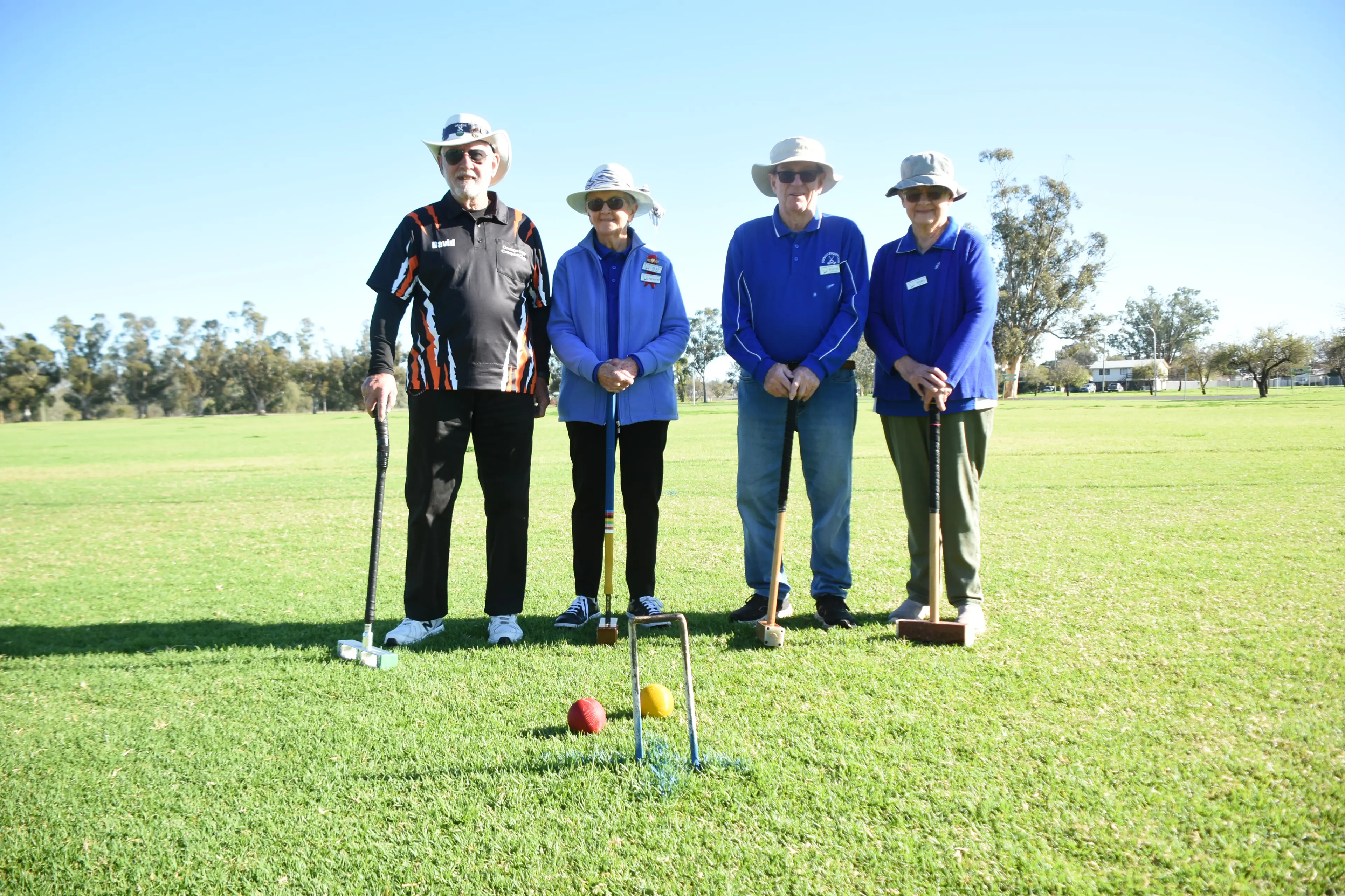<p>Orange\\'s David Jameson with Forbes\\' Elvy Quirk, Wayne Wright and Marg Dent enjoying a game of croquet. </p>\\n