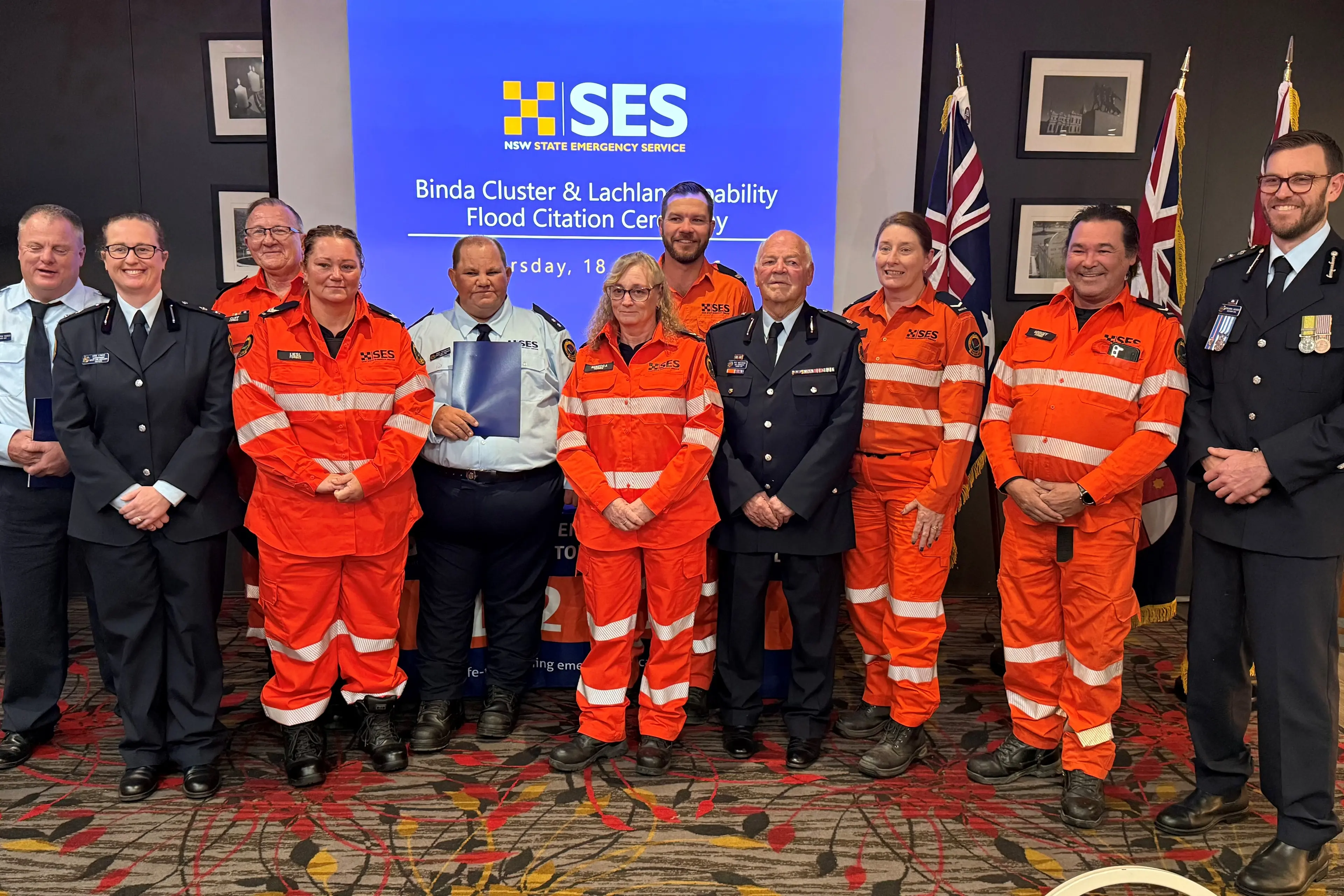 <p>Forbes recipients Matthew Hando, Cliff Green, Liesl Ware, Geoffrey Schaefer, Rebecca Saleh, Ryan Jones, Roc Walshaw, Julie Smith and Christopher Hodges with Deputy Zone Commander for the Lachlan Command, Kira Lynch and Southern Zone Acting Zone Commander Acting Chief Superintendent Ben Lavender.</p>\\n