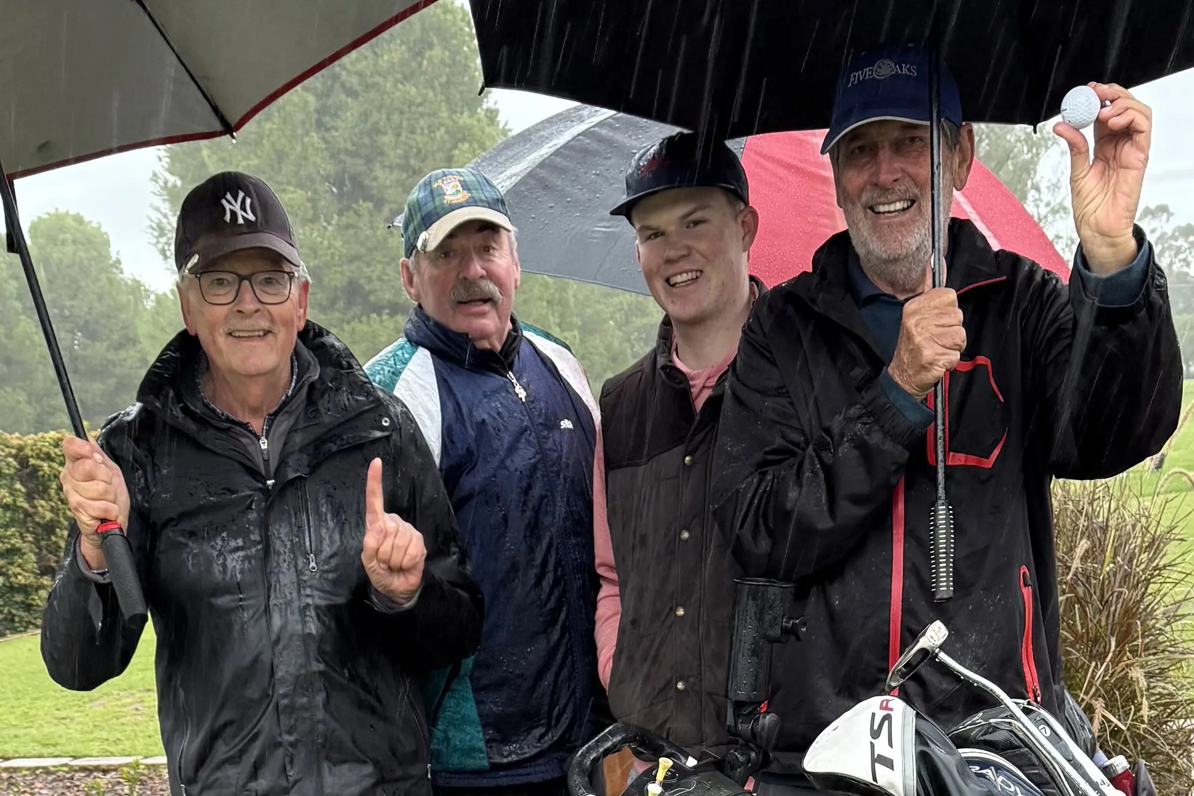 <p>Phil Wells, Alex Mackinnon and Reggie Murray celebrating Ted Morgan\\'s hole-in-one. </p>\\n