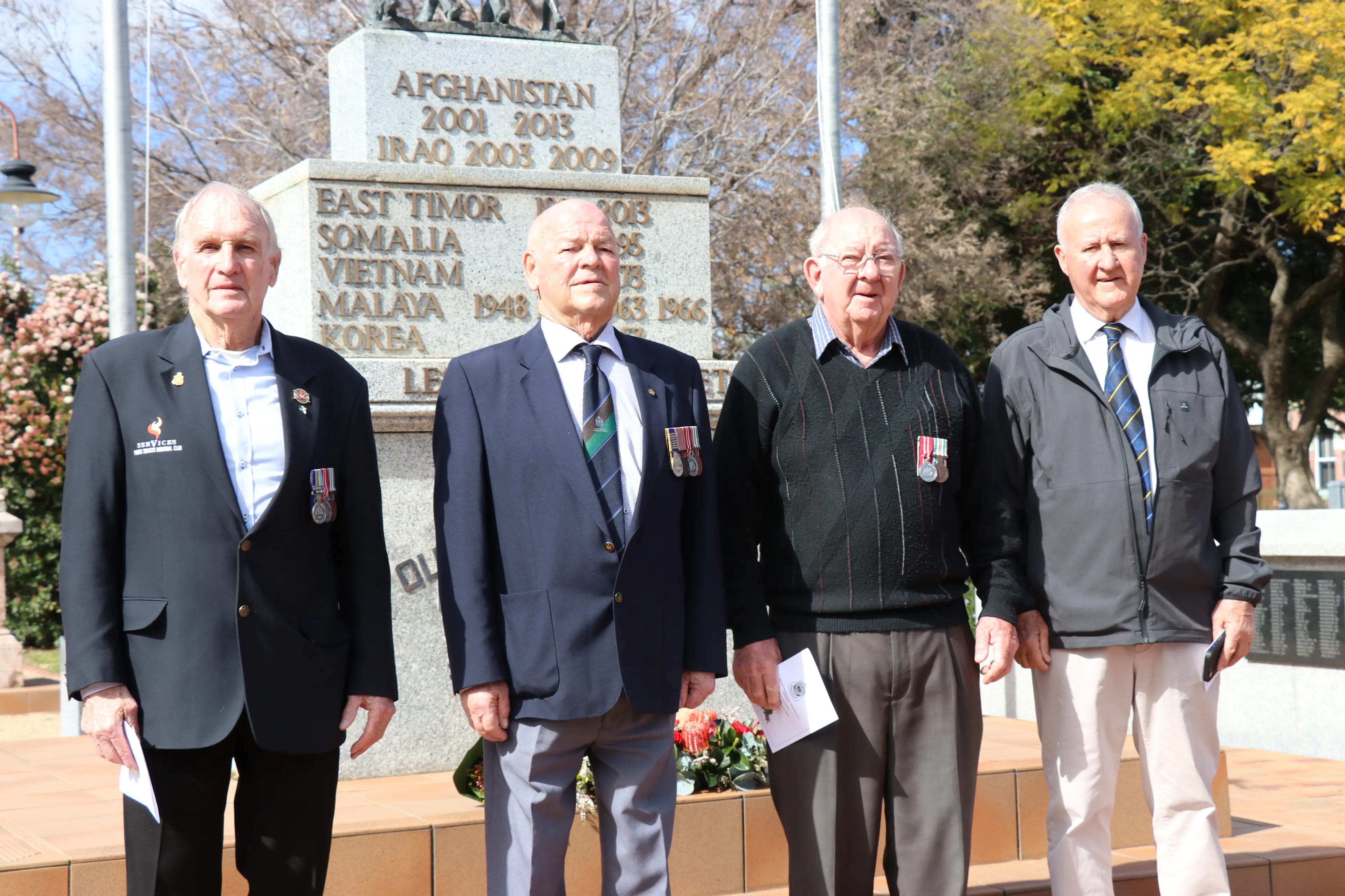 <p>RSL Sub Branch president Bryan Jones, Roc Walshaw, Frank Hanns and Michael Walker were among those to gather at the Cenotaph on Tuesday, Vietnam Veterans Day.</p>\\n