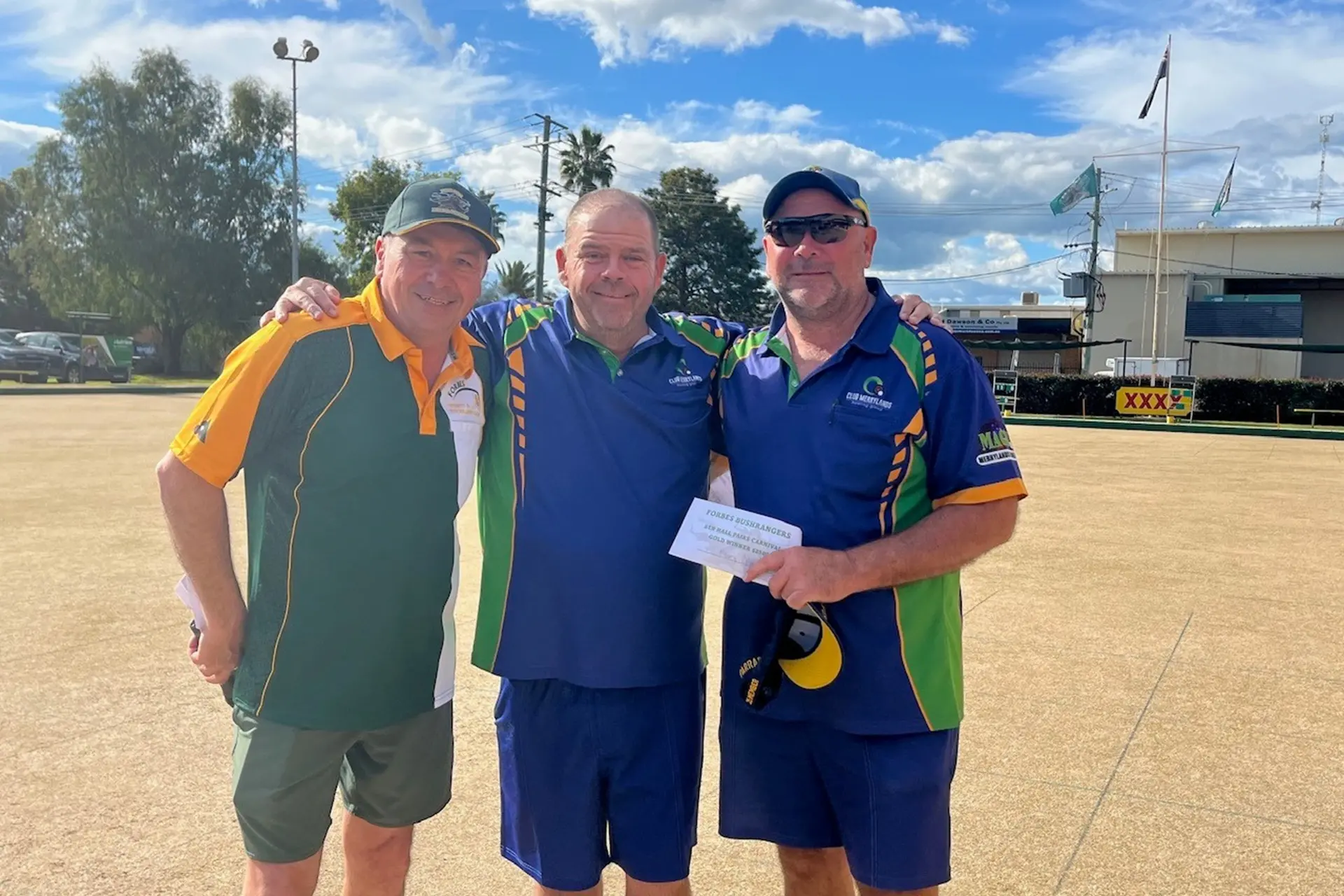 <p>Robert (Pooch) Dukes with Mick Harry and Peter Harry from Merrylands, winners of the weekend\\'s Ben Hall Bowls.</p>\\n