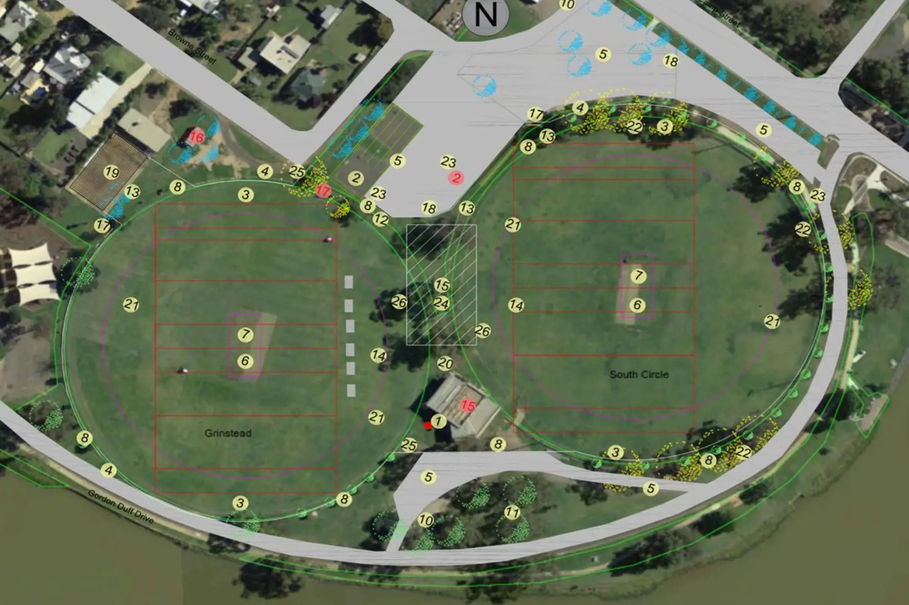 <p>The proposal shows a multipurpose building between the two grounds.</p>\\n