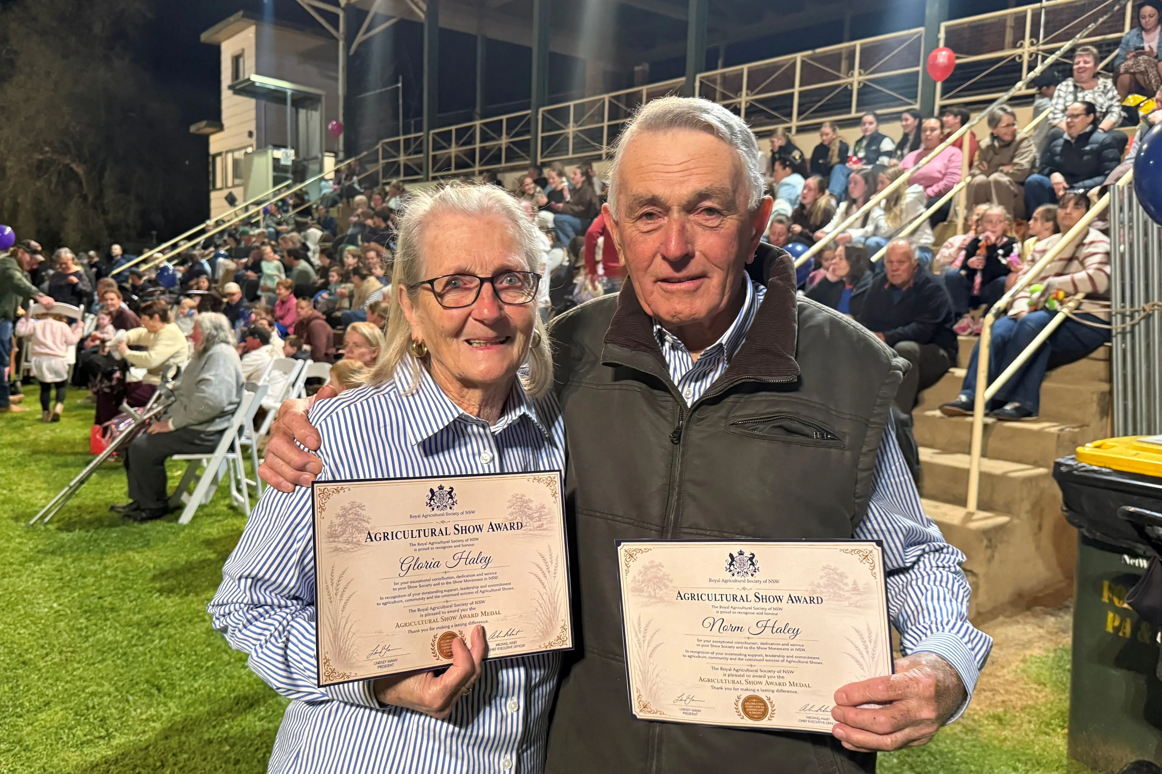 <p>Gloria and Norm Haley were presented with the Royal Agricultural Society of NSW Agricultural Show Award Medal.</p>\\n