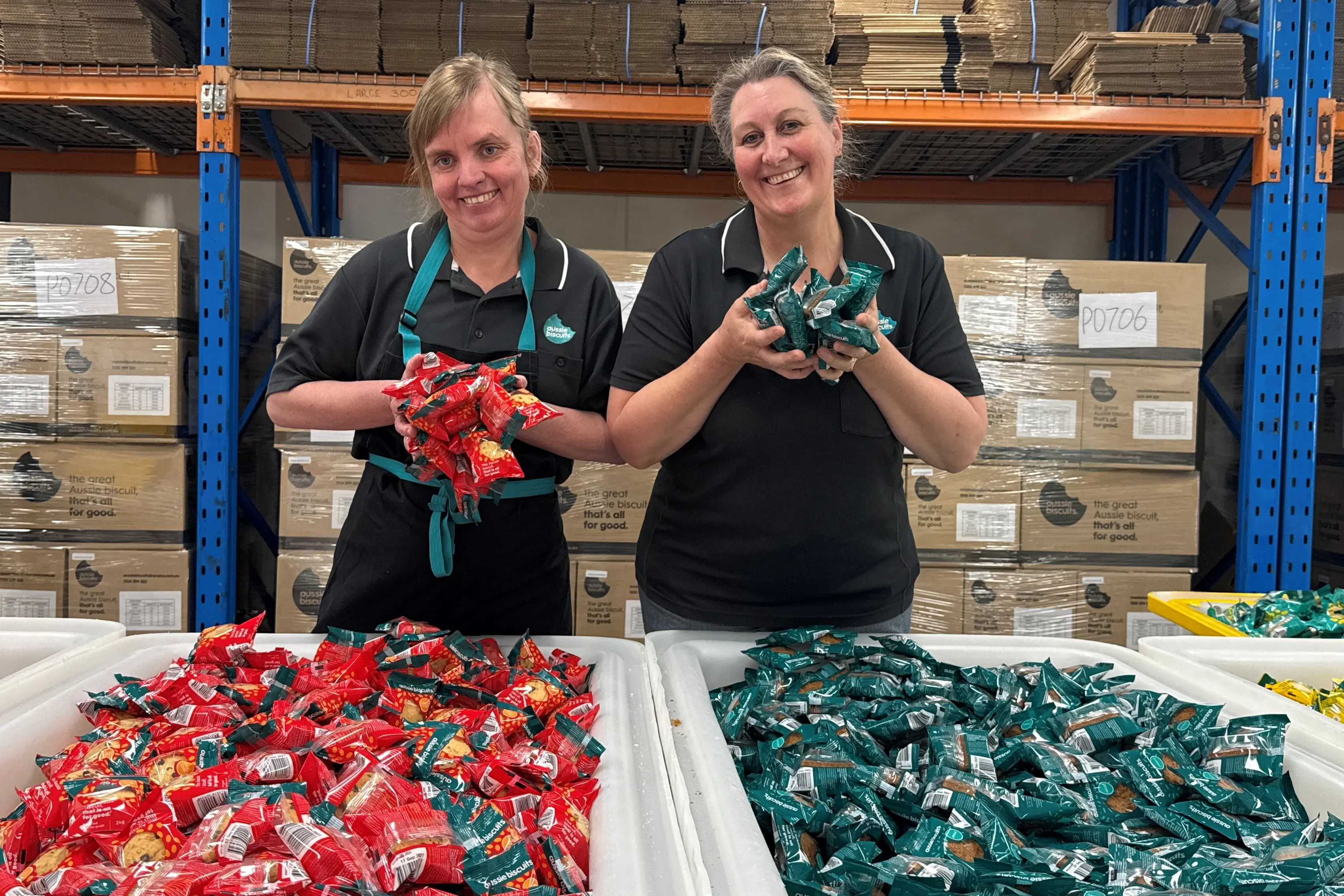 <p>Stacey and Cara with Aussie Biscuits ready to ship across the country.</p>\\n