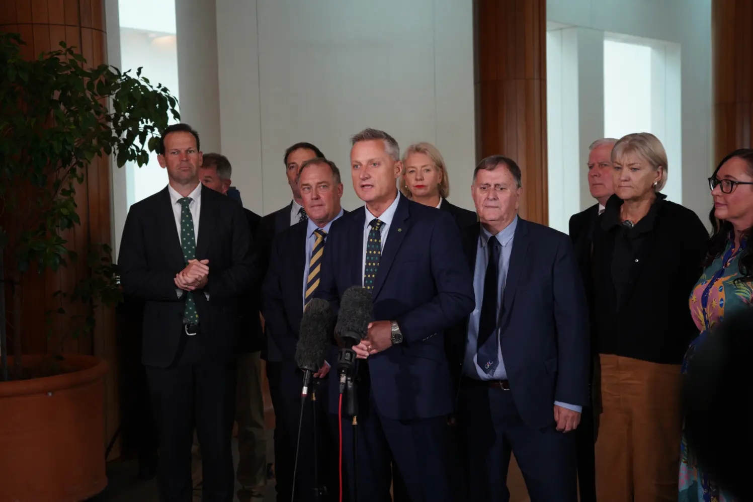 <p>Federal member for Parkes Jamie Chaffey MP with mayors and council representatives calling for the Inland Rail project to continue north of Parkes at Parliament earlier this year.</p>\\n