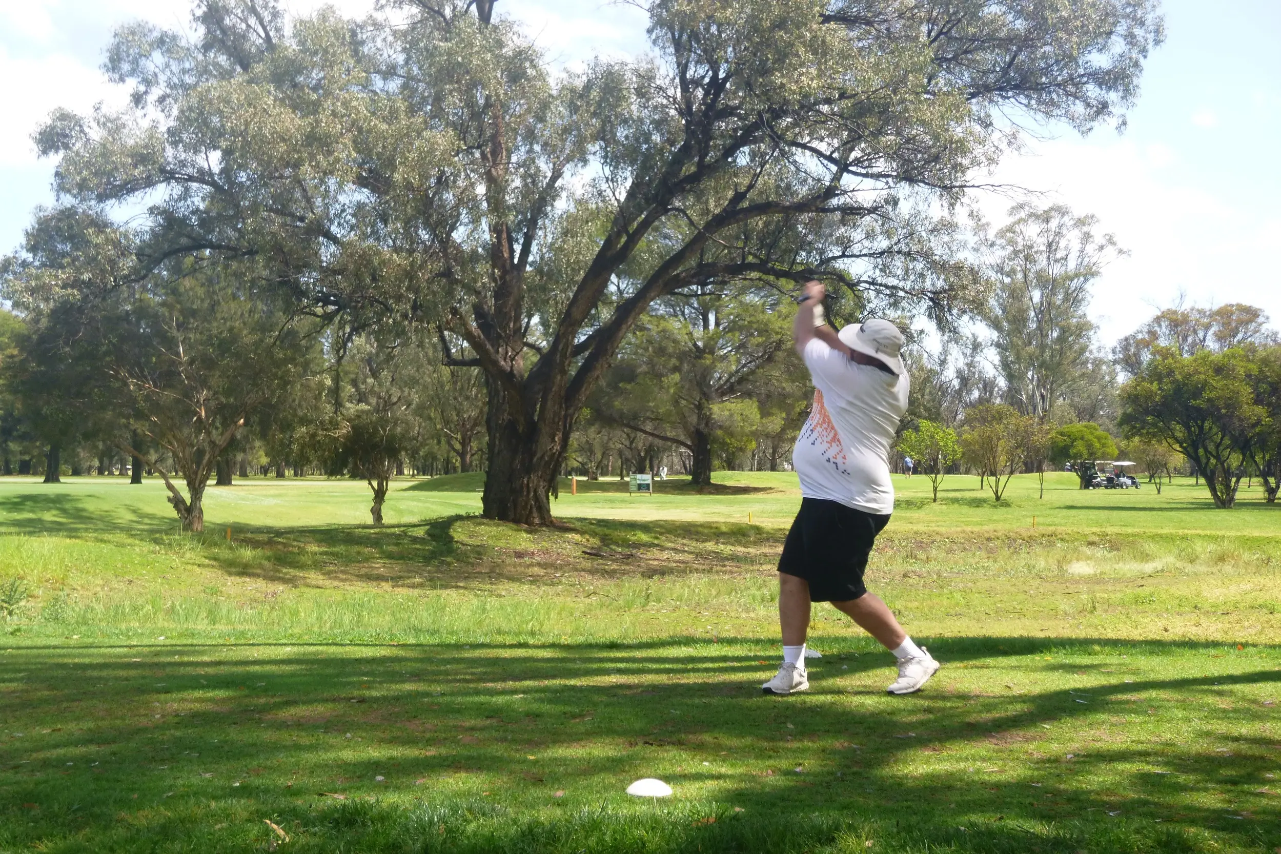 <p>Anthony Alley lets rip on his 13th hole tee shot.</p>\\n